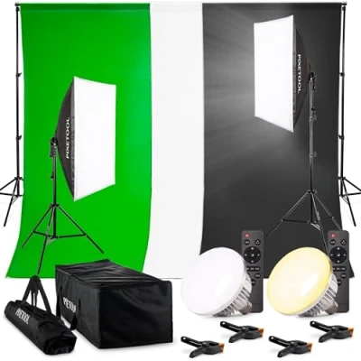 Afbeelding van PIXETOOL Green Screen 2,8 x 1,8M met achtergrondsysteem 2 2M Fotostudio Set Greenscreen Inclusief Wit en Zwart achtergronddoek, Softbox, Lamphouders, LED lampen &amp; Draagtas