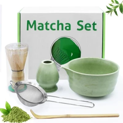 Afbeelding van Druuzyl 5 delige matcha set van keramiek, schaal, garde, spatel, zeef, bezemhouder voor theeceremonie