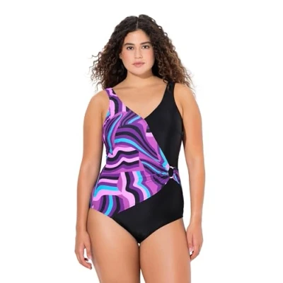 Afbeelding van Ulla Popken Dames grote maten plus size badpak, Alina, plooien en ringdetail, zwart, 42