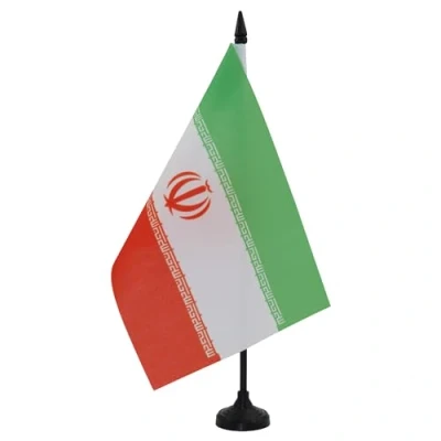 Afbeelding van Iran Tafelvlag 14x21 cm Iranese Perzische Bureauvlag 21 x 14 Zwarte plastic stok en voet AZ FLAG
