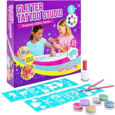 Afbeelding van GirlZone Temporary Glitter Tattoos Kit for Girls, 33 Fun Pieces in 1 Sparkly Kids Kit, Easy to Apply and Remove Tattoo Creative Playtime Dress Up Parties