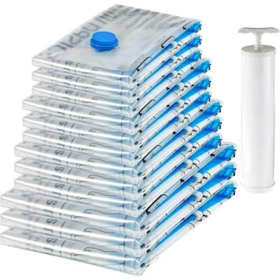 Afbeelding van Amazon Basics Vacuümzakken voor kleding met luchtdicht ventiel en handpomp meerdere, 3x jumbo, 3 x groot, middelgroot, klein, 12 stuks, ritssluiting, doorzichtig