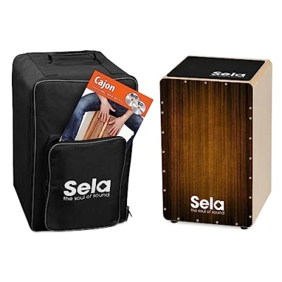 Afbeelding van Sela SE 061 Varios Brown Snare Cajon beginnersbundel met systeem, opgebouwd, rugzak, zitkussen, school, cd, dvd