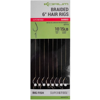 Afbeelding van Korum Supersteel Big Fish Braided Hair Rigs 6&quot; Barbless (8 pcs) Maat : Haak 10 0.25mm