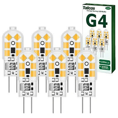 Afbeelding van G4 Ledlamp, warmwit, 1,2 W, 12 V, G4, vervanging voor 10 W halogeenlampen, 120 lm, 3000 K, 360 graden, AC/DC ledlampen, geen flikkeren, niet dimbaar, penfitting, 6 stuks