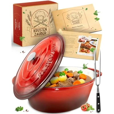 Afbeelding van KRUSTENZAUBER 33 cm gietijzeren braadpan met deksel, geschikt voor de oven, inclusief vleesvork, emaille pot XL, ideale stoofpan kazan, inductie, ovaal, cadeau Kerstmis
