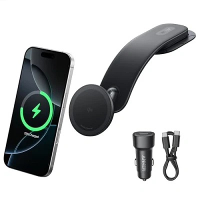 Afbeelding van Anker Nano draadloze autolader, 360 verstelbare magnetische oplader, afneembare pad, 15 W Qi2 snel opladen, robuuste metalen houder, voor iPhone 16/15/14/13/12 serie (met voeding)