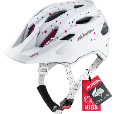 Afbeelding van ALPINA CARAPAX JR. Lichte, robuuste en veilige fietshelm met vliegennet optioneel ledlicht voor kinderen, witte stippen van 51 56 cm