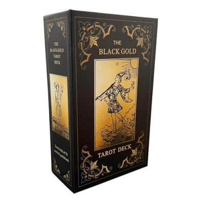 Afbeelding van Qcsdckot Zwart Goud Tarot Kaarten Set, voor Beginners met Betekenissen op Hen, Deck Gids Boek, Vergulde Randen