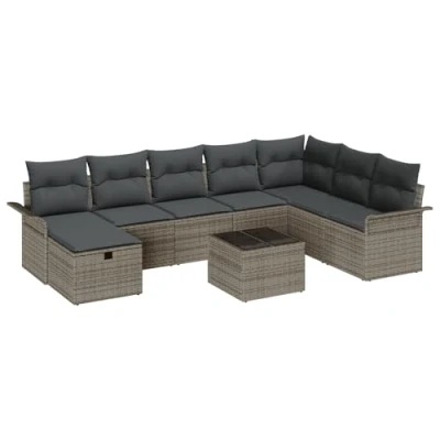 Afbeelding van vidaXL 9 delige Tuin Sofaset met Kussens Grijs Poly Rattan