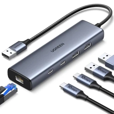 Afbeelding van UGREEN USB Hub LAN Adapter Ethernet met 2xUSB C Poort en A Poorten, naar RJ45 Gigabit Netwerkadapter compatibel iPhone/iPad, Laptop onder Windows, MacOS, Linux etc.