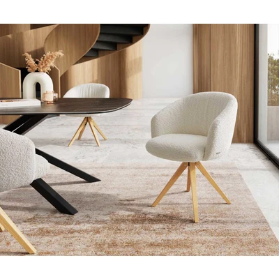 Afbeelding van DELIFE Draaistoel Caja Flex met armleuning bouclé wit houten frame hoekig natuur pocketveer kern 180 draaibaar