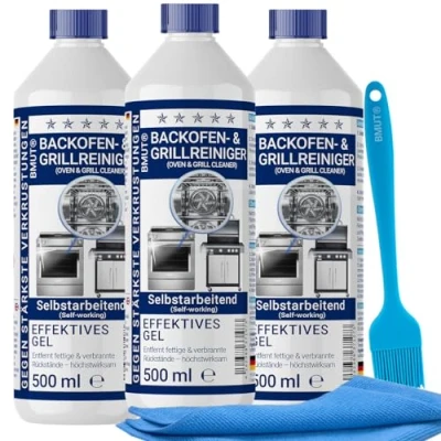 Afbeelding van 3 x 500 ml (1,5 liter), ovenreiniger, extra sterk, met kwast + microvezeldoek XXL, gelpasta, grillreiniger, tegen ingebrande en korstjes, zelfwerkend