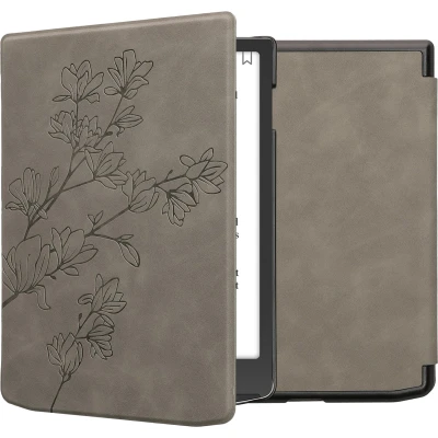 Afbeelding van kwmobile e reader hoesje geschikt voor Pocketbook InkPad 4 / Color 3 2 Vivlio hoes Ereader flip case met standaard Kunstleren cover Magnolia design in grijs