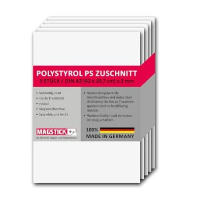 Afbeelding van mag_266 Polystyreen platen, wit, DIN A3, kunststof hardplaten, PS gesneden, 29,7 x 42 cm, 2 mm dik, voor modelbouw, architectuur, doe het zelf, set van 5