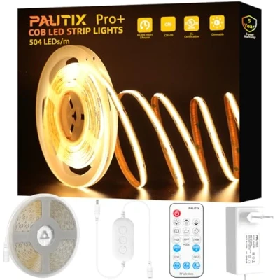 Afbeelding van PAUTIX COB ledstrip, warmwit, 2700 K, 504 leds/m, dimbaar, 7,5 m, 24 V, flexibele ledstripverlichtingsset met RF afstandsbediening en voeding, CRI90+ heldere onderbouwlamp voor thuis, doe het zelf