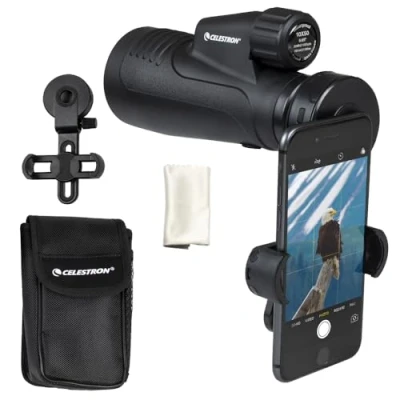 Afbeelding van Celestron 72370 Outland X 10x50 Waterdichte monokijker met smartphone adapter, Bluetooth afstandsbediening, oculairafdekking en riemhoes Behuizing, BaK 4 prismaglas multi gecoate optiek, Zwart