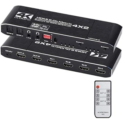 Afbeelding van HDMI Matrix 4x2 4K @ 60Hz HDR Switch Splitter 4 in 2 uitgangen YUV 4:4:4 optische SPDIF + jack 3,5 mm audio extractor schakelaar
