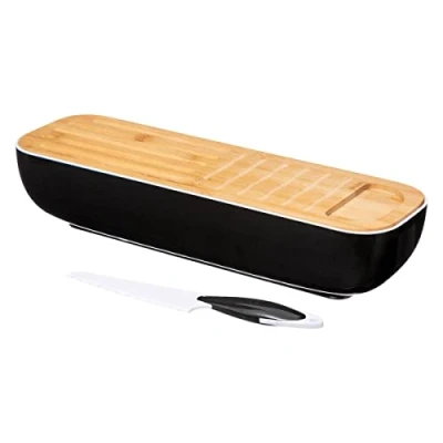 Afbeelding van Five® Broodbox bamboe Met snijplank en mes Zwart &amp; hout deksel