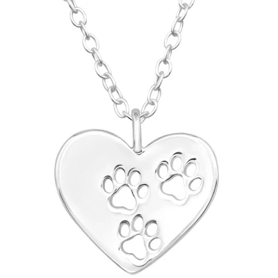 Afbeelding van JoyS Zilveren hartje hanger met dierenpootjes inclusief ketting 39 cm extra oogje op 36 kat hond poot afdruk voor kinderen