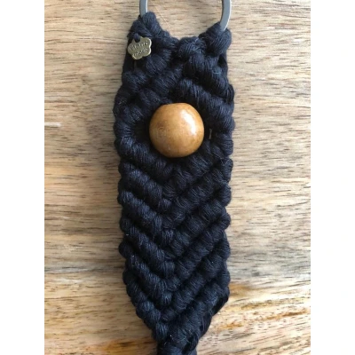 Afbeelding van sleutelhanger met houtenkraal, macrame sleutelhanger, geknoopte 058 zwart