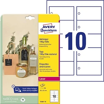 Afbeelding van AVERY Zweckform T3001 10 stabiele hanger 100 stuks incl. koorden (90x50mm op A4, aan beide zijden bedrukbare producthanger, scheurvaste, duurzame cadeaulabels, prijskaartje) folie, wit