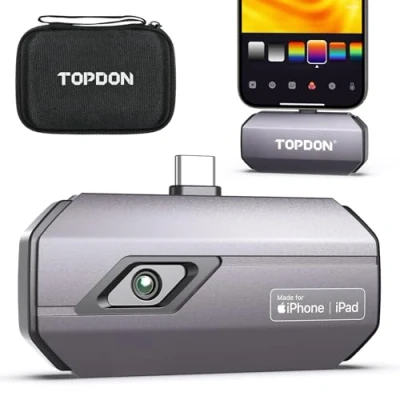 Afbeelding van TOPDON TC002C Warmtebeeldcamera voor iPhone 15 serie en iPads met type C aansluiting. IR resolutie 256 x 192 px, temperatuurbereik van 20 tot +550