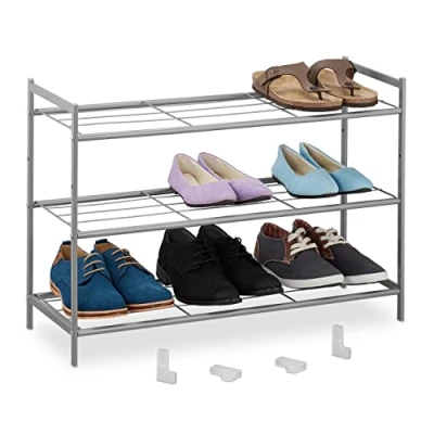 Afbeelding van Relaxdays schoenenrek stapelbaar 3 laags schoenenstandaard rek schoenen metaal zilver