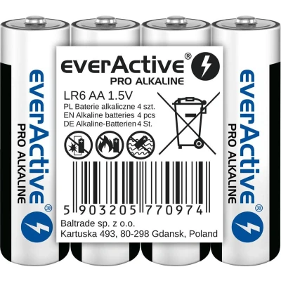 Afbeelding van everActive AA batterijen pak van 4, Pro Alkaline, Mignon LR6 R6 1,5 V, hoogste prestaties, 10 jaar houdbaarheid, 4 stuks