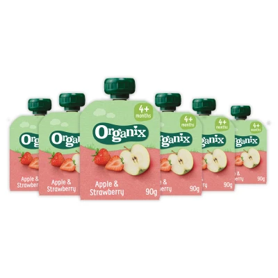Afbeelding van 6x Organix Knijpfruit 4+m Appel&amp;Aardbei 90 gr