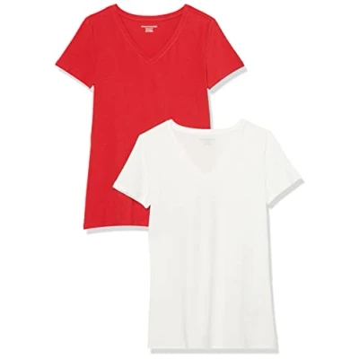 Afbeelding van Amazon Essentials Women&#039;s T shirt met korte mouwen en V hals in klassieke pasvorm, Pack of 2, Rood/Wit, L