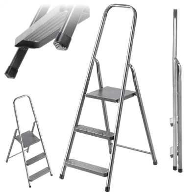 Afbeelding van KADAX Trapladder van staal, inklapbare huishoudladder met antislipvoeten, eenzijdige ladder plank, vouwladder, trapladder, stalen (3 treden)