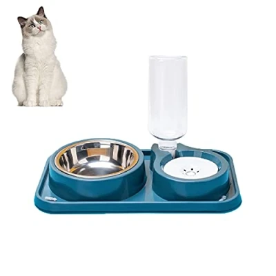Afbeelding van Kattenvoerbak, dubbele voerbak voor katten, nat en droog voer of lekkernijen, kleine middelgrote katten honden (blauw2)