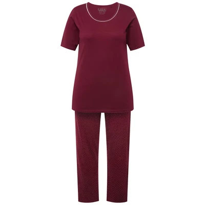 Afbeelding van Ulla Popken Dames grote maten plus size pyjama, stippen, ronde hals, halve mouwen, wijnrood, 42 44