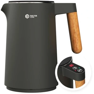 Afbeelding van BALTER Roestvrijstalen waterkoker met temperatuurinstelling, 45 C 100 C, dubbelwand, BPA vrij, stil en draadloos, warmhoudfunctie, theekoker temperatuurweergave, 1,5 l, 2200 W, zwart (blauw)