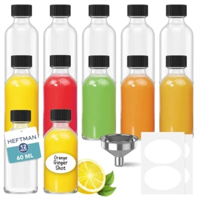 Afbeelding van HEFTMAN Glazen shotflessen met deksels 12 stuks 60 ml 3 trechters en etiketten herbruikbare gembershotflessen leeg