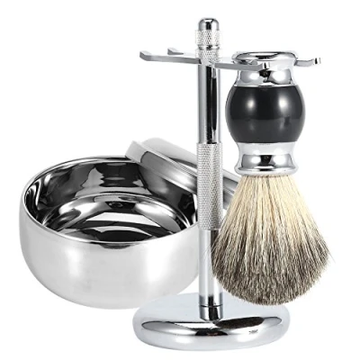 Afbeelding van Scheerset voor mannen, cadeauset van 3 scheerkwasten scheerkwast en dassenhaar (zachte borstel met houten handvat + legering zeepschaal roestvrijstalen scheermeshouder)