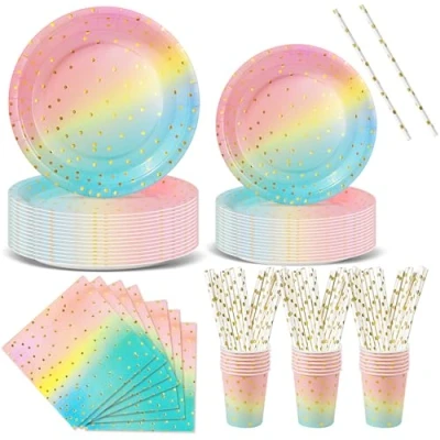 Afbeelding van Nkaiso Verjaardagsfeestservies, 120 stuks, regenboog, goud, feestborden, verjaardag, set inclusief wegwerpborden, papier, kopjes, servetten voor feest, decoratie, babyshower, 24 gasten