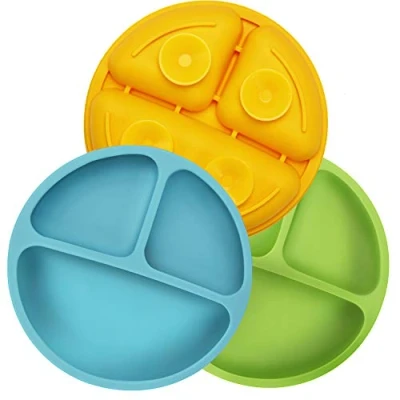 Afbeelding van PandaEar Siliconen babyborden, antislip, kinderplacemat met zuignappen, gedeelde stabiele peuterborden, BPA vrij, verpakking van 3 stuks, vaatwasser en magnetronbestendig, blauw, groen, geel