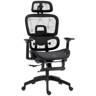Afbeelding van HOMCOM Bureaustoel Ergonomische met Armleuning, Hoofdsteun, Lendensteun, Hoogte Verstelbare Mesh Draaistoel Schommelfunctie, Ligfunctie, Voetensteun Zwart