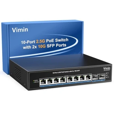 Afbeelding van 10 poorts 2,5G PoE switch onbeheerd, VIMIN 8X Base T @130W+2X 10Gbps SFP, 8 met 60 Gbps Ethernet switching capaciteit, ondersteuning van IEEE802.3af/at, 65W, VLAN, metalen