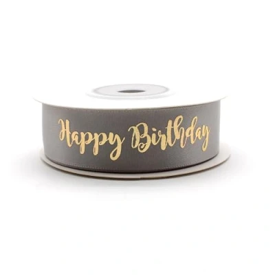 Afbeelding van OMISS Taupe lint met gouden letters Happy Birthday decoratie voor verjaardag (taupe)