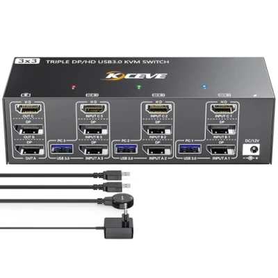 Afbeelding van USB 3.0 KVM schakelaar 3 monitoren computers HDMI+DP+DP poorten, YOUTINGHDAV 8K bij 60 Hz 4K 144 voor Deel en 4 apparaten Muis Toetsenbord