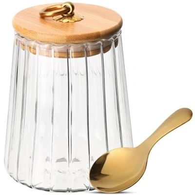 Afbeelding van Belle Vous Glass Storage Jar with Airtight Lid and Spoon 650ml/22oz Food Container Ribbed Canister for Overnight Oats, Spices, Tea/Coffee, Sugar, Flour &amp; More Kitchen or Pantry
