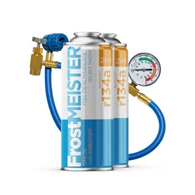 Afbeelding van FrostMEISTER R134a, 1995 2016 Navulset voor auto airconditioning, 2 x 400 ml, incl. manometer slang, snelle, eenvoudige en milieuvriendelijke toepassing