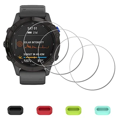 Afbeelding van iDaPro [4 stuks] schermbeschermer voor Garmin fenix 6/6 Pro Multisport GPS 47 mm horloge + siliconen anti stof stekkers, gehard glas kras luchtbelvrij