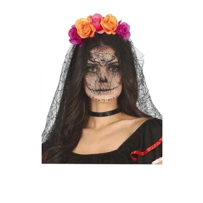 Afbeelding van Halloween thema diadeem met bloemen en sluier one size zwart/oranje/roze meisjes/dames