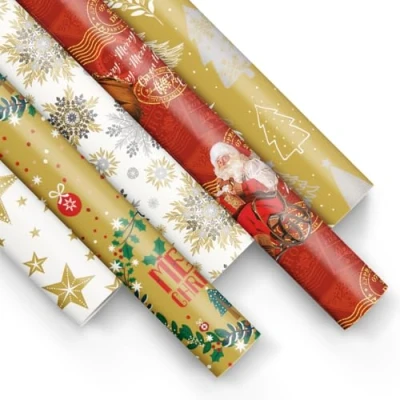 Afbeelding van PAW Cadeaupapier, 200 x 70 cm, 5 rollen, mix van motieven, elegante papieren rol voor Kerstmis, wintercadeaus, verjaardagen, gouden kerstman