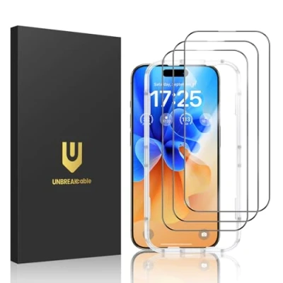 Afbeelding van UNBREAKcable Onbreekbare schermbeschermer van gehard glas voor iPhone 15 Pro [3 pak] [1:1 volledige dekking] [hoesvriendelijk] [99,99% HD helder] [Eenvoudig installatiekader] [9H hardheid] Apple