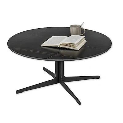 Afbeelding van Lena Salontafel, rond, zwart, moderne woonkamertafel met keramische plaat en metalen frame, 80 x 35 cm (b h d)